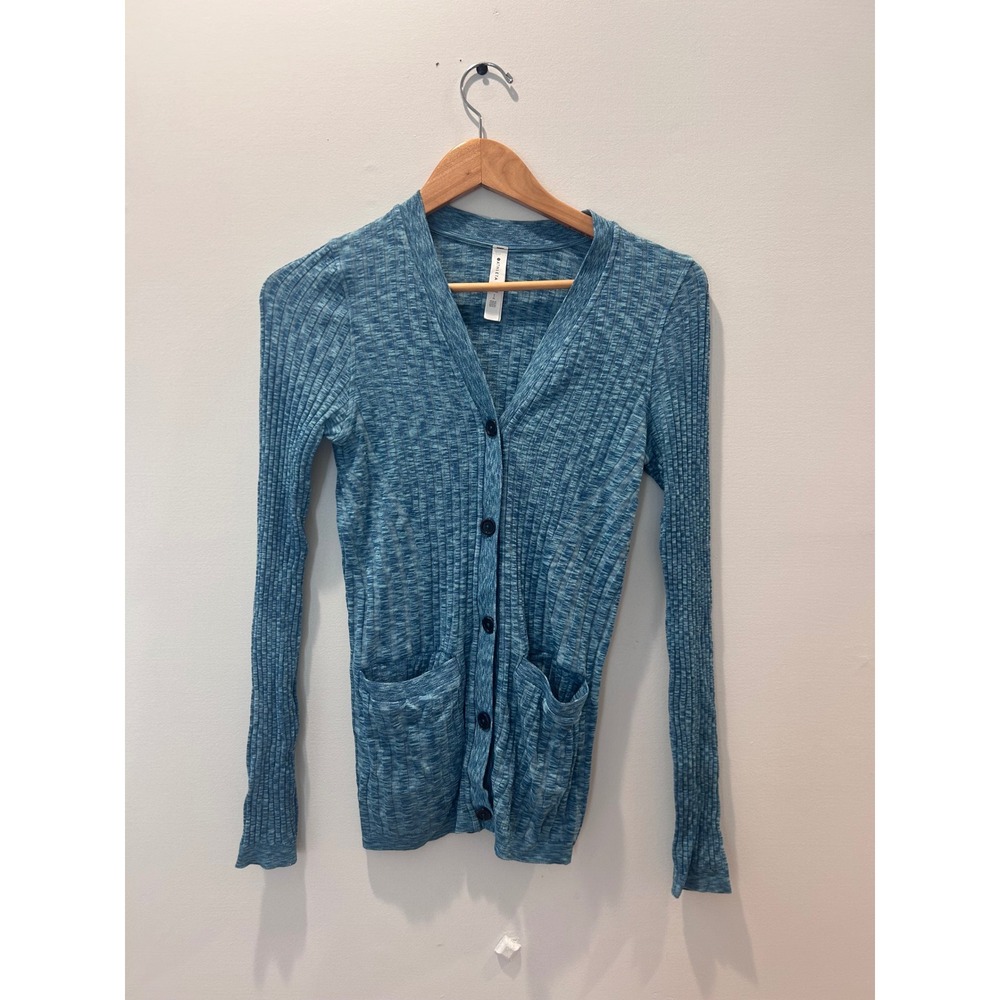 Athleta Revolve Cardigan Women Small Blue Ribbed Knit Space Dye Button Front